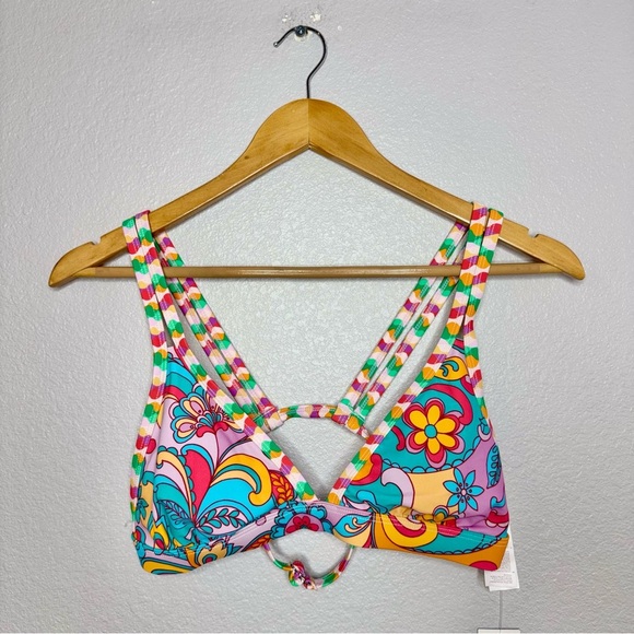 New Boho Wavy Striped Strappy V-Neck Top Cutout Bikini Size M - Picture 5 of 10